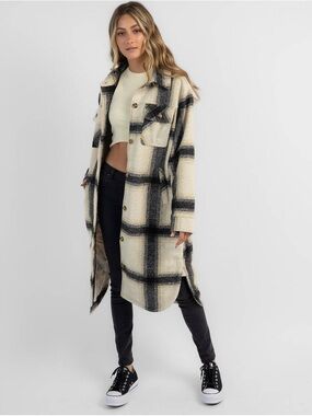 Rip Curl Cream & Black Plaid Long Shacket Coat